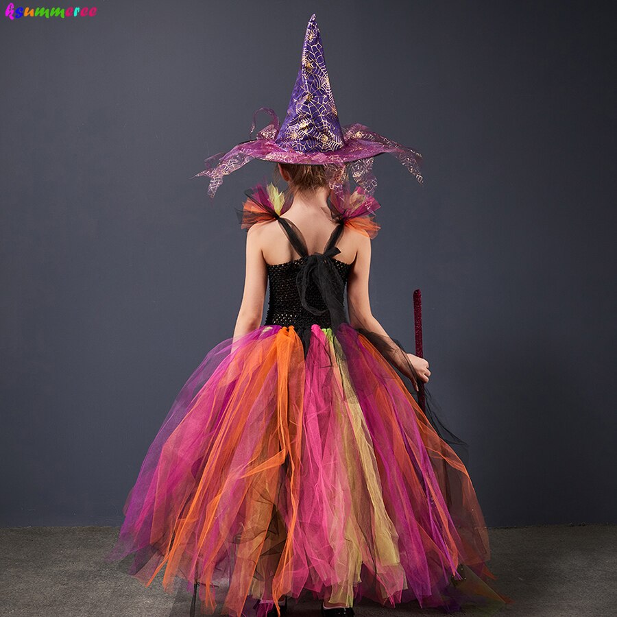 Evil Witch Halloween Costume for Girls Color Magic Gown Tutu Dress with Hat and Broom Kids Cosplay Carnival Party Fancy Dresses