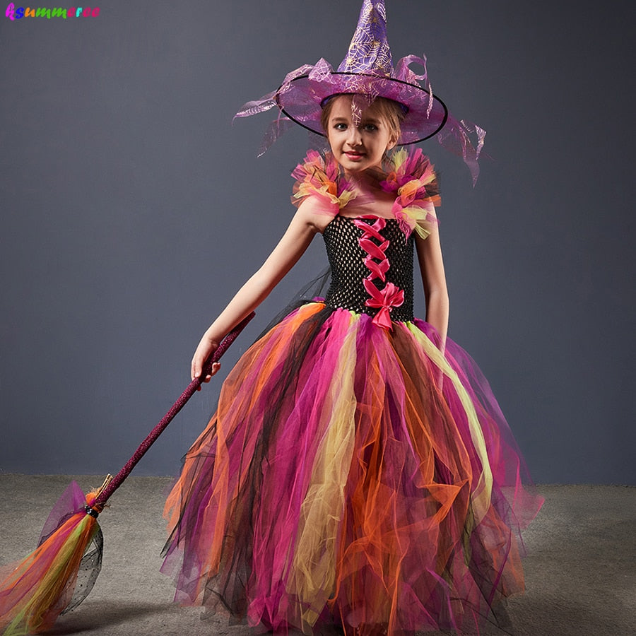 Evil Witch Halloween Costume for Girls Color Magic Gown Tutu Dress with Hat and Broom Kids Cosplay Carnival Party Fancy Dresses