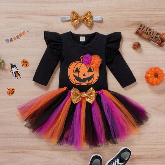 Baby Girls Halloween Clothes Set Long Sleeve Letter Printed Romper Multicolor Yarn Skirt Headdress Halloween Costume