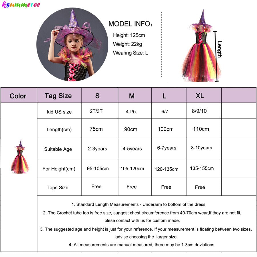 Evil Witch Halloween Costume for Girls Color Magic Gown Tutu Dress with Hat and Broom Kids Cosplay Carnival Party Fancy Dresses