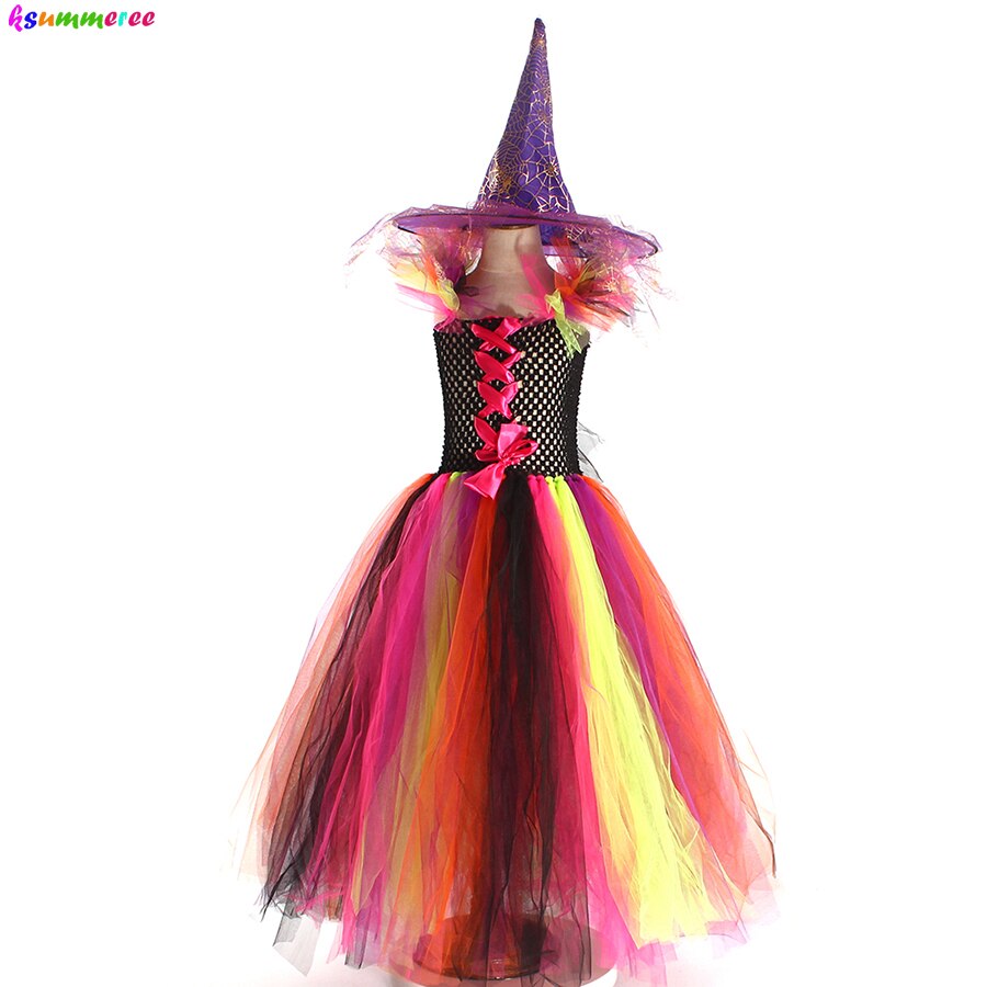 Evil Witch Halloween Costume for Girls Color Magic Gown Tutu Dress with Hat and Broom Kids Cosplay Carnival Party Fancy Dresses