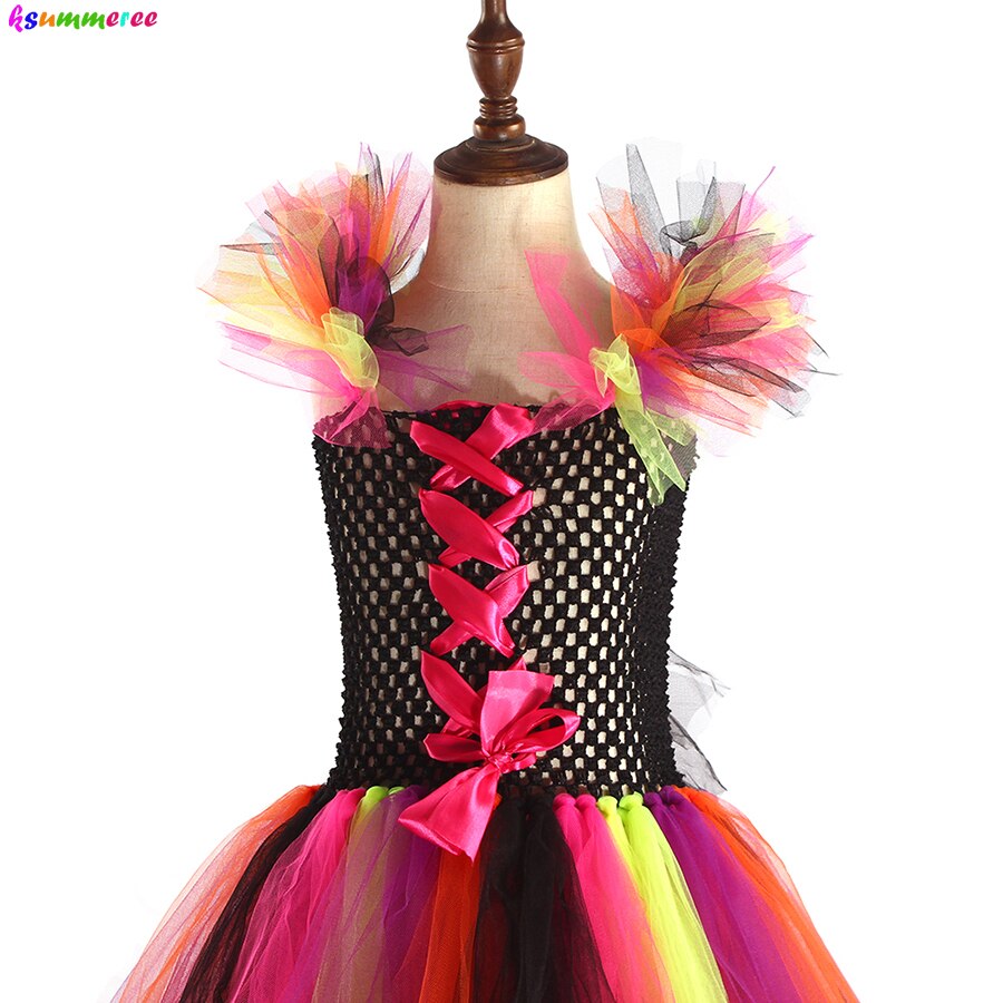 Evil Witch Halloween Costume for Girls Color Magic Gown Tutu Dress with Hat and Broom Kids Cosplay Carnival Party Fancy Dresses