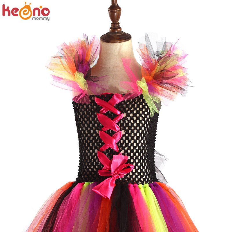 Rainbow Wicked Witch Girls Tutu Dress Kids Evil Halloween Costume Children Carnival Cosplay Party Fancy Pageant Ball Gown Outfit