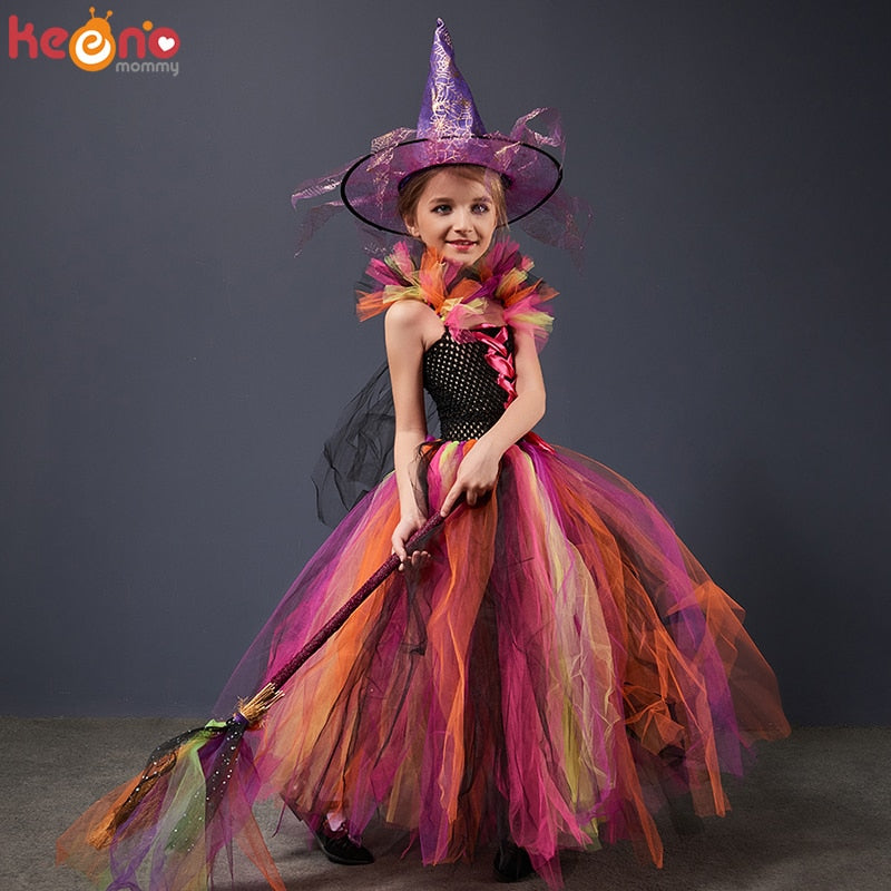 Rainbow Wicked Witch Girls Tutu Dress Kids Evil Halloween Costume Children Carnival Cosplay Party Fancy Pageant Ball Gown Outfit