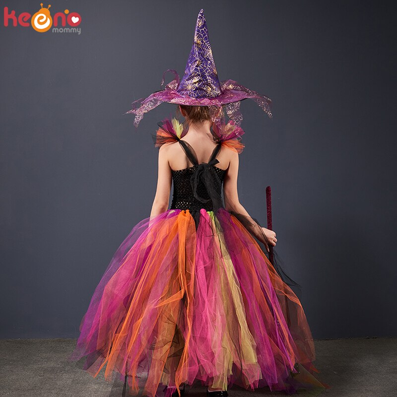 Rainbow Wicked Witch Girls Tutu Dress Kids Evil Halloween Costume Children Carnival Cosplay Party Fancy Pageant Ball Gown Outfit