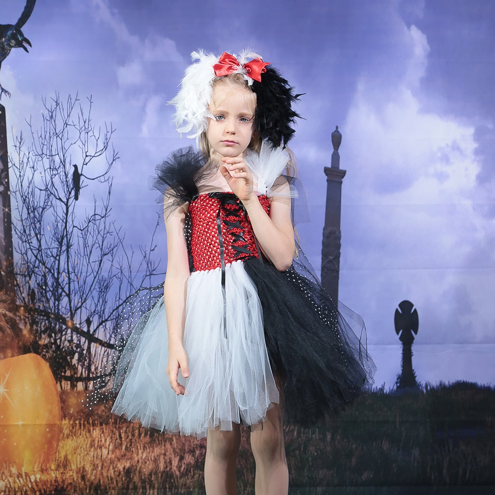 Cute Dotted Cruella De Vil Girls Tutu Dress with Feather Headband Dalmatian Inspired Kids Party Dresses Baby Halloween Costume