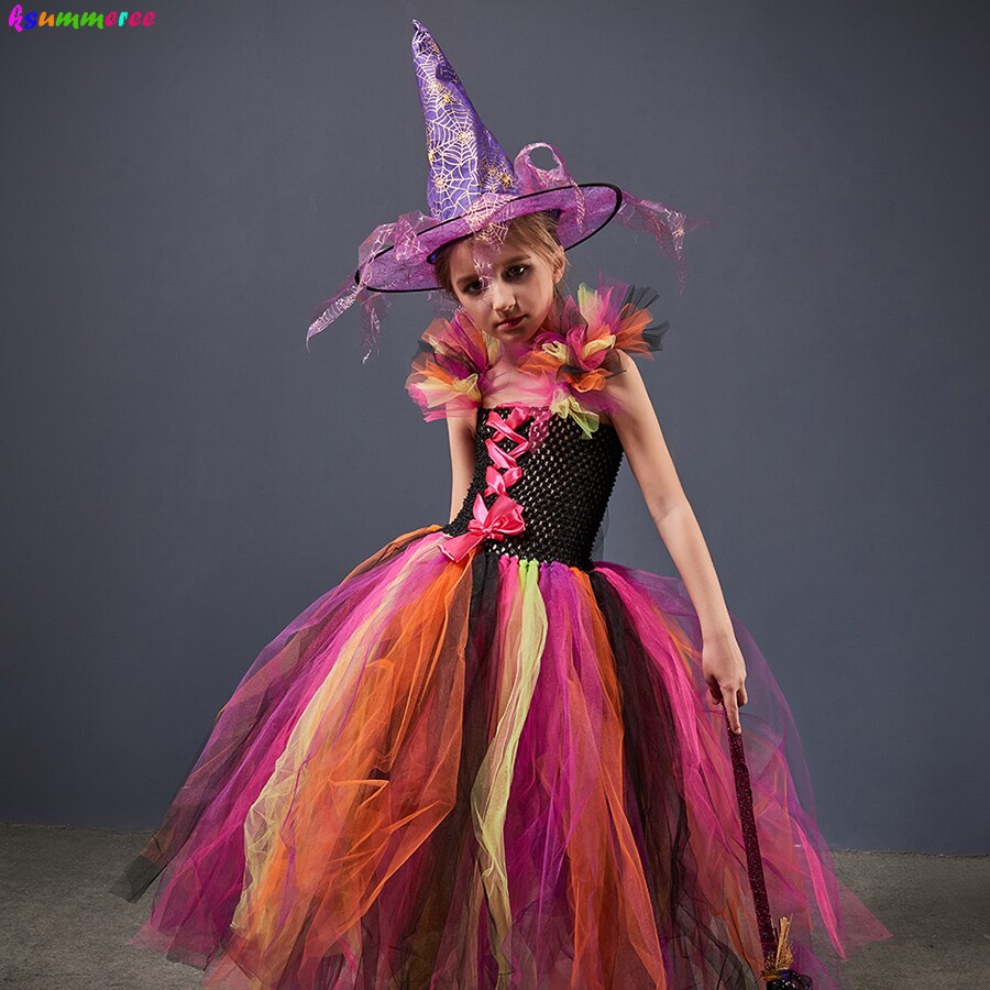 Evil Witch Halloween Costume for Girls Color Magic Gown Tutu Dress with Hat and Broom Kids Cosplay Carnival Party Fancy Dresses