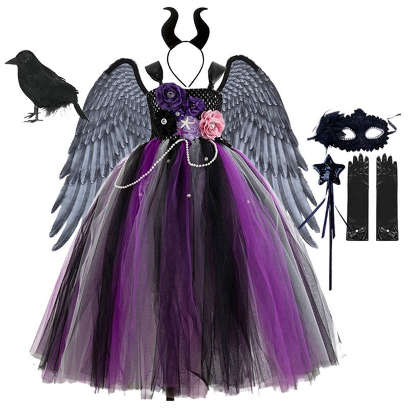 Maleficent Halloween Costume Dress Deluxe Girls Fancy Christening Black Glam Gown Tutu Dress Kids Demon Queen Witch Clothes